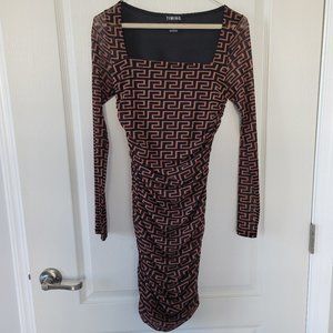 Black Brown Long Sleeve Geometric Dress Semi Sheer Stretch Timing Brand Womens M